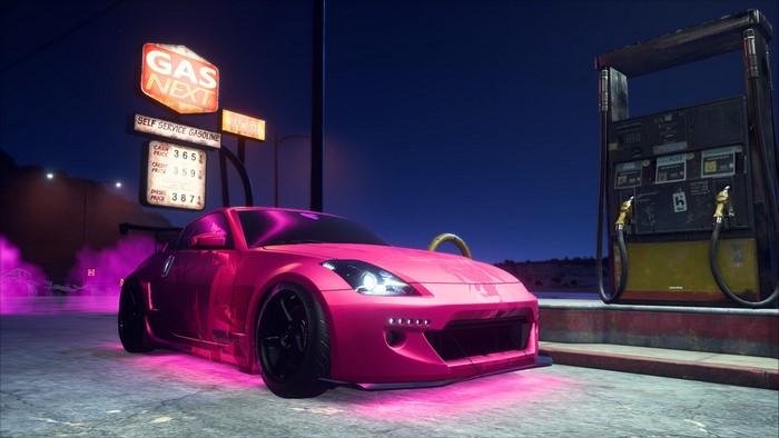 Pink Nissan 350Z at Night Gas Station