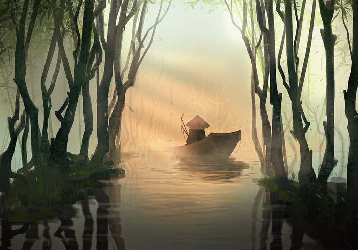 sunrise, fantasy art, water, artwork, forest, Asia, fisherman, RuefulRaptor