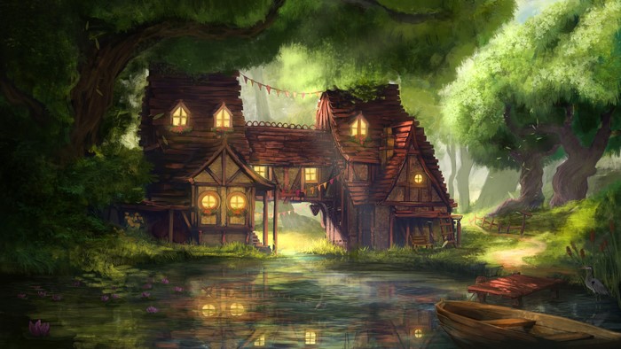 Fantasy Architecture by RuefulRaptor with Forest River Scene