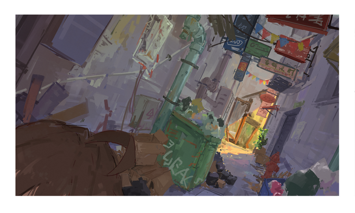 artwork, XilmO, alleyway, city, urban, digital art, trash