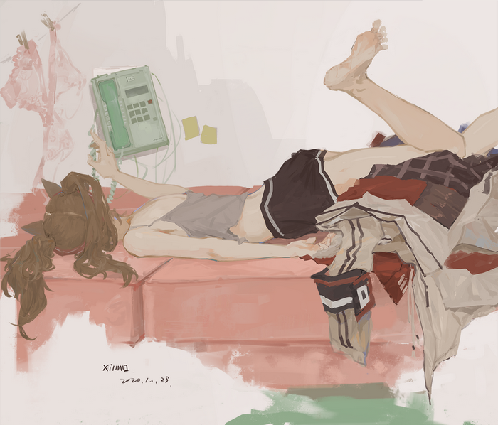 anime, XilmO, in sofa, telephone, anime girls, Arknights, Angelina(Arknights)