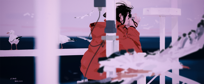 seagulls, XilmO, sea, anime, anime girls, red coat