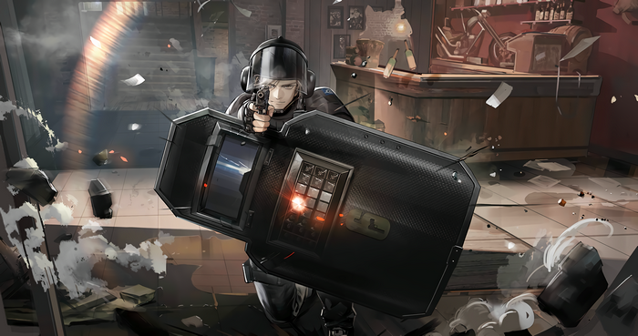 4K, helmet, Rainbow Six: Siege, gun, shield, weapon, aiming, video games, PC gaming, Arknights, video game art