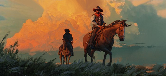 Jama Jurabaev, scarf, wind, grass, painting, clouds, western