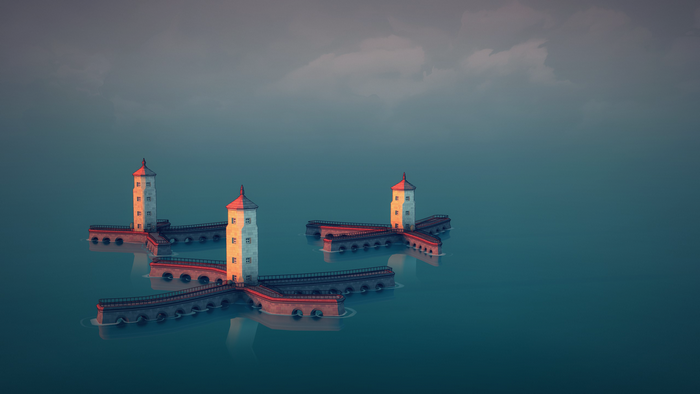 Townscaper, sea side, town, video game art, video games, starfish