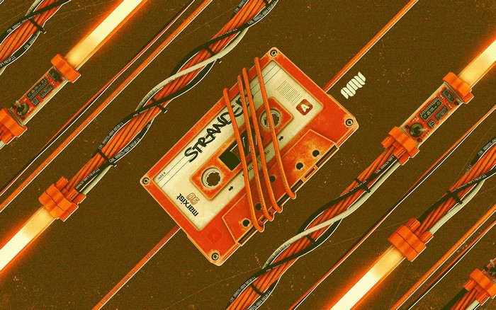 cassette, PCB, microchip, digital art, neon, wires