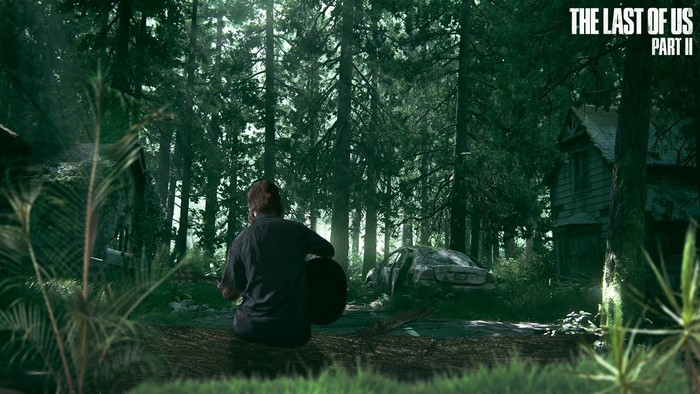 women, trees, screen shot, video game girls, Ellie, guitar, sitting, back, The Last of Us 2, The Last of Us, alone, Ellie Williams, brunette, video games