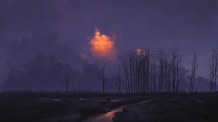water, deer, BisBiswas, landscape, sky, trees, sunrise, digital painting
