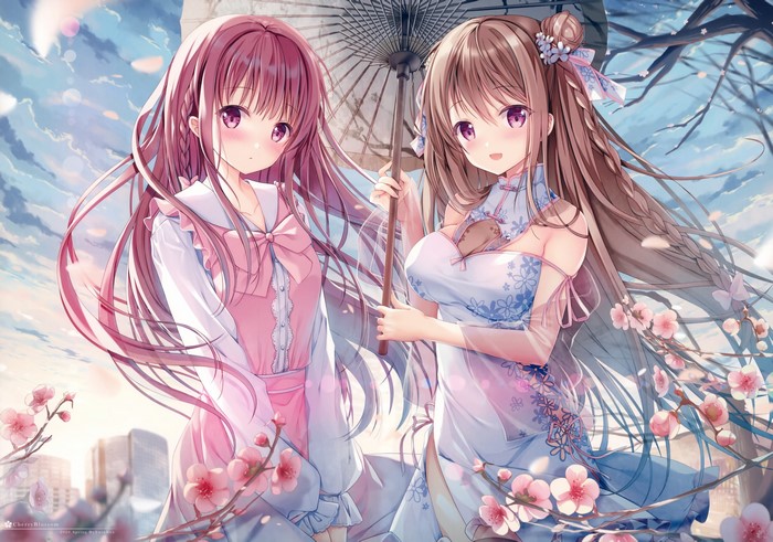 blushing, artwork, Chinese dress, long hair, cherry blossom, umbrella, TwinBox, two women, smiling, anime girls, purple hair, dress, purple eyes, brunette