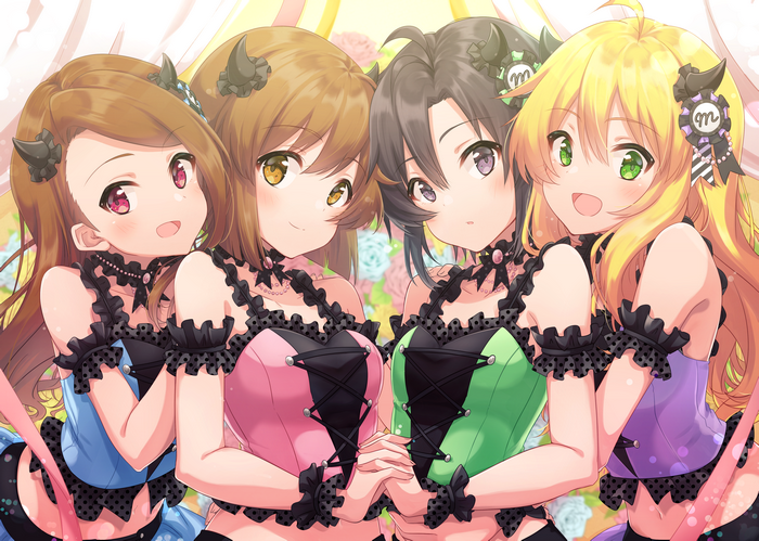4K, Ayumi (artist), smiling, Hagiwara Yukiho, Kikuchi Makoto, Minase Iori, anime girls, Hoshii Miki, horns, THE