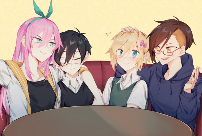 OMORI characters Aubrey, Sunny, Kim, and Basil together