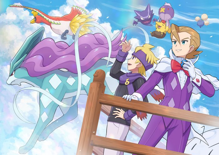 Eusine and Morty with Pokémon