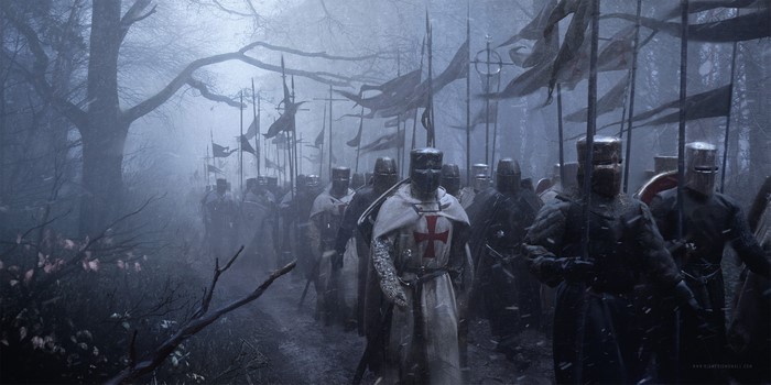 Medieval Crusaders Army in Misty Forest