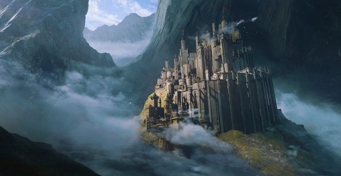 4K, mountains, digital art, castle, fantasy art, artwork