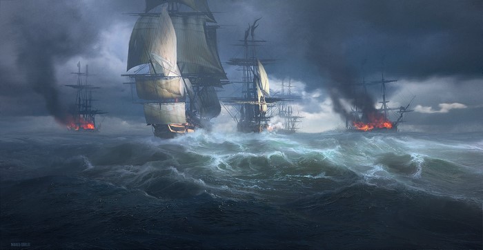ocean battle, sailing ship, artwork, digital art, ship, rigging (ship), Marco Gorlei, sea