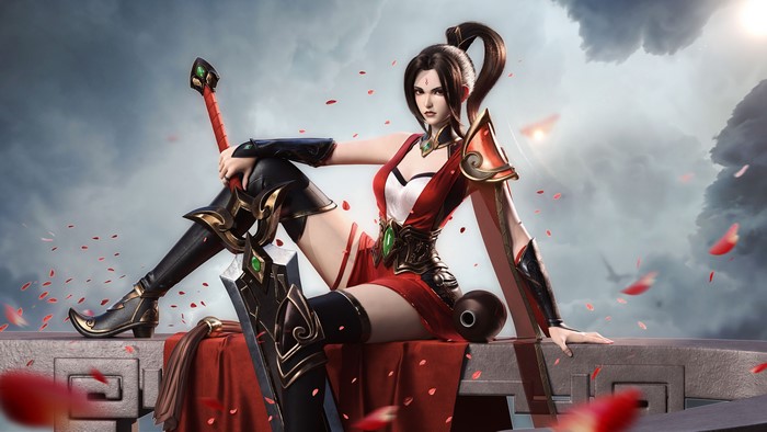 4K, ArtStation, women, Shengting Huang, sword, Asian, fantasy art, people, sitting, fantasy girl, looking at viewer, artwork