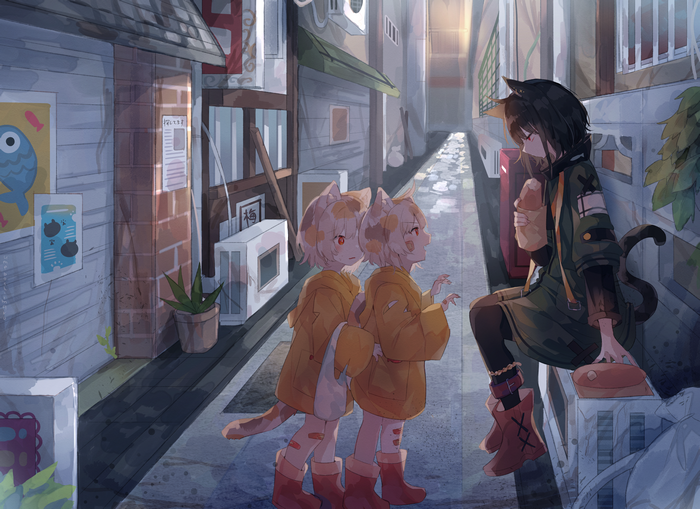 Umemaro, tail, red eyes, short hair, anime girls, alleyway, anime, animal ears, cat girl, loli