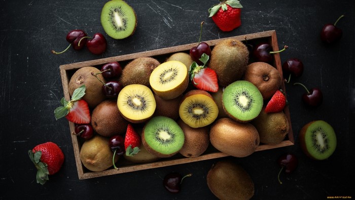 cherries, food, fruit, strawberries, berries, kiwi (fruit)