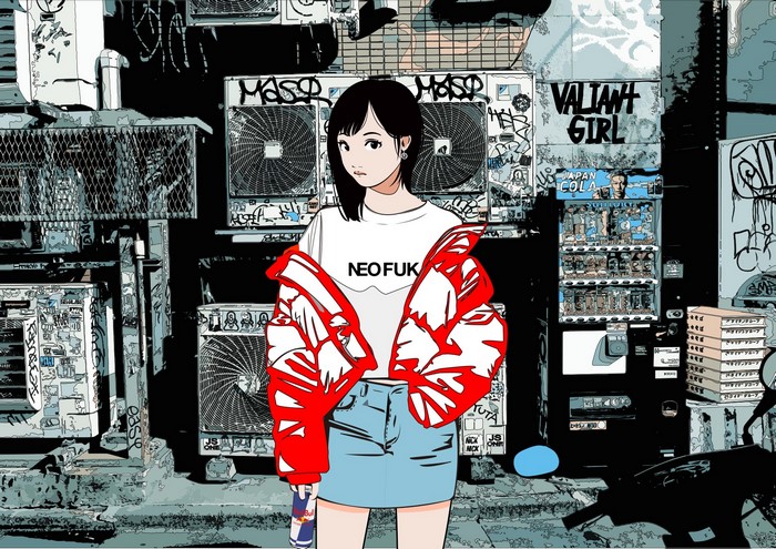 shoulder length hair, graffiti, looking at viewer, dark eyes, red jackets, air conditioning, anime, street, anime girls, street japan, Red Bull, dark hair, earrings, mopeds