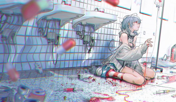 striped socks, 2D, kneeling, anime girls, original characters, red eyes, sneakers, spoons, fire extinguishers, LAL!ROLE, pomegranate, can, anime, socks, aqua hair, looking away, women indoors, crew socks, artwork, shoulder length hair, syringe