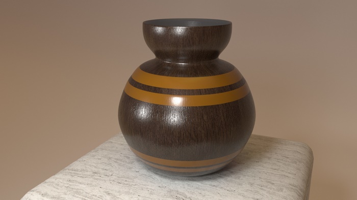 3D render of a wooden vase with orange stripes