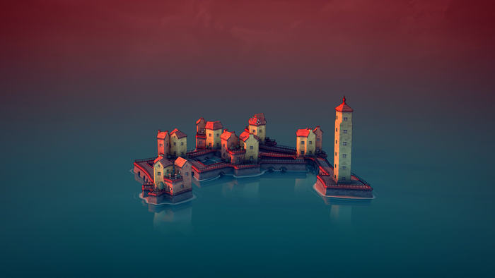Townscaper, calm waters, lighthouse, video game art, town, sea side, video games