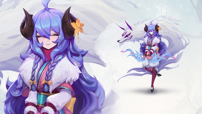 fantasy girl, PC gaming, League of Legends, spirit blossom, horns, video game girls, purple hair, closed eyes, video game art, fantasy art, long hair