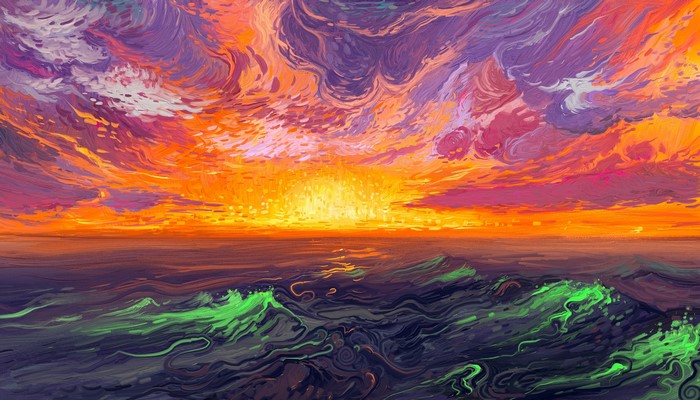 4K, painting, waves, sea, sunrise, digital art, Hangmoon
