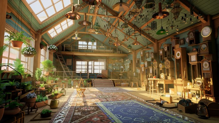 lamp, ladder, window, Jaume Rovira Llorca, flowers, lantern, sun rays, clocks, flowerpot, chests, rug, digital art