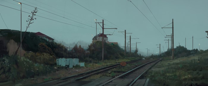 4K, digital art, Jonny Sun, powerlines, house, utility pole, railway