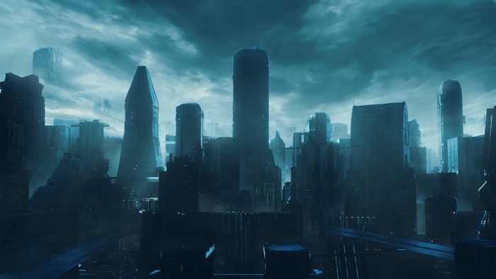 4K, Andrei Khrutskii, cityscape, futuristic city, skyscraper, digital art, science fiction