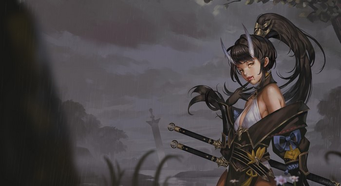 yellow eyes, fantasy girl, sword, demon girls, women, Old zhang, demon, rain, dark, digital art, fantasy art, horns, artwork