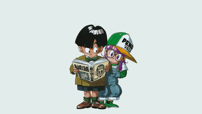 Son Gohan, Dragon Ball, Arale, simple background, manga, Dragon Ball Z, Gohan