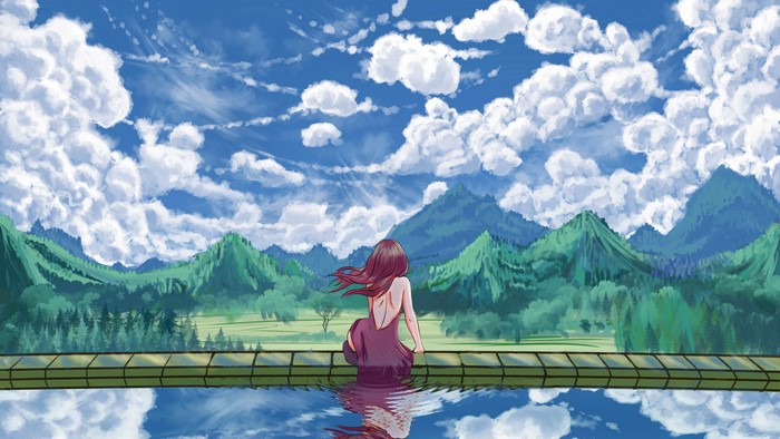 4K, bareback, sitting, reflection, contrails, wet clothing, landscape, anime, bare shoulders, swimming pool, robes, from behind, back, outdoors, redhead, no bra, women outdoors, clouds, hair blowing in the wind, trees, anime girls, wet