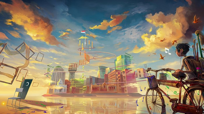 clouds, artwork, digital art, bicycle, colorful, cityscape, cartoon, sky