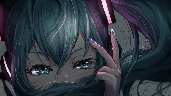 looking at viewer, long nails, anime girls, anime, long hair, Vocaloid, green eyes, purple nails, Hatsume Miku