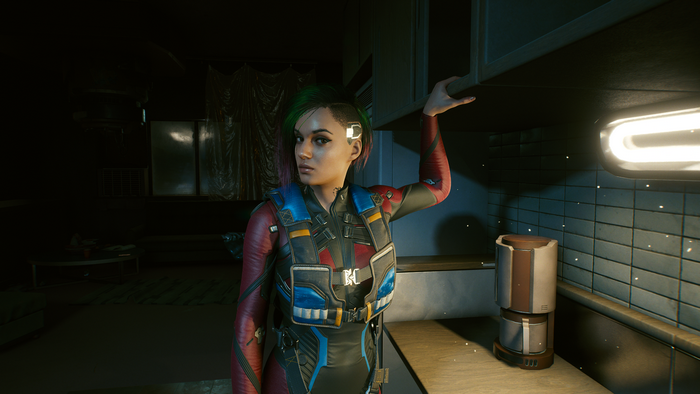 video games, cyberpunk, coffee machine, video game girls, dyed hair, video game characters, CD Projekt RED, screen shot, Judy Alvarez, women, swimwear, Cyberpunk 2077