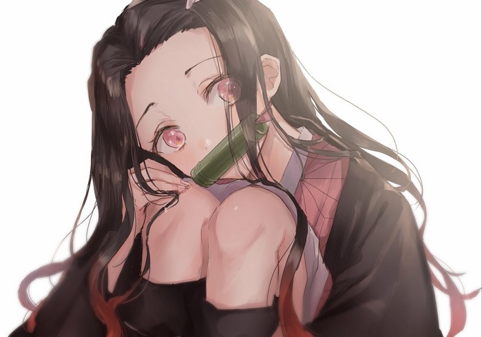 anime, Kamado Nezuko, anime girls, holding knees, Oyuyu, Kimetsu no Yaiba