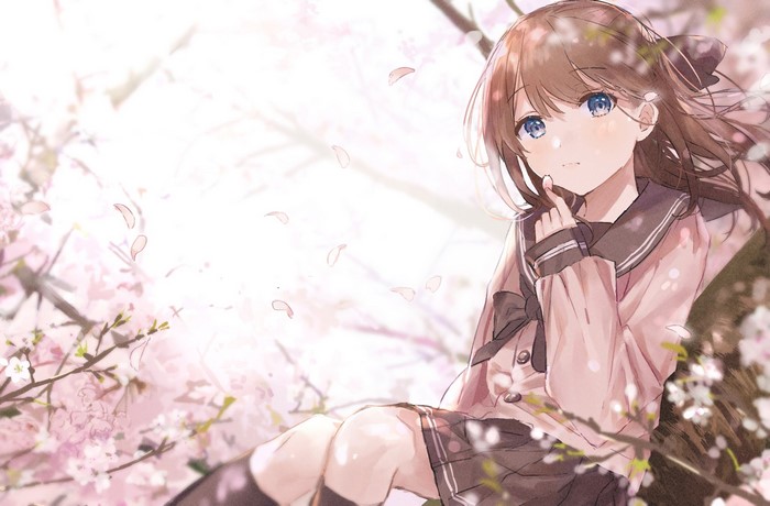 Anime Girl in School Uniform with Cherry Blossoms