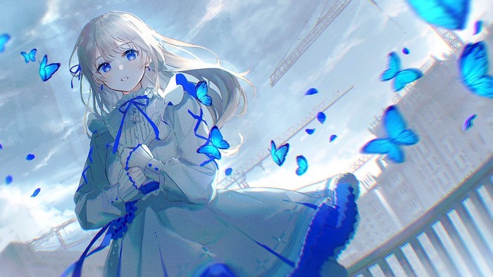butterfly, anime girls, silver hair, dress, Oyuyu, blue eyes, anime