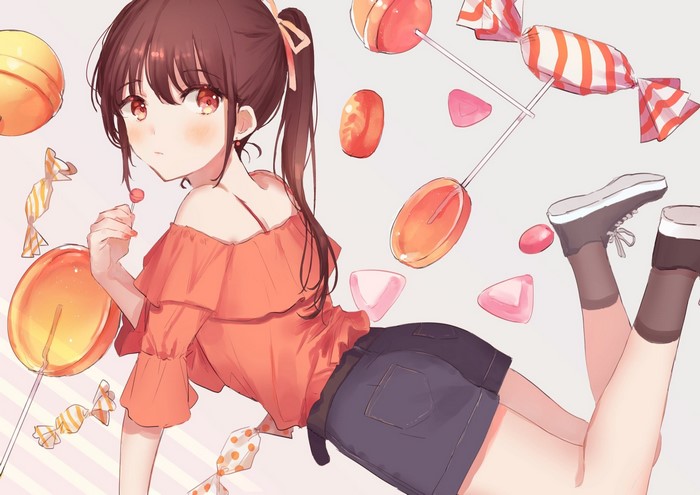 brunette, Oyuyu, anime girls, lying on front, anime, candy, lolipop, ponytail, red eyes, short shorts
