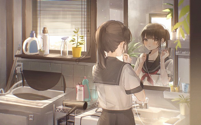 4K, earphones, reflection, school uniform, anime girls, Oyuyu, anime, tears, brunette, ponytail, in bathroom, mirror
