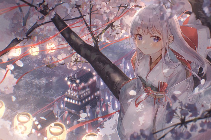 4K Anime Girl in Japanese Kimono with Cherry Blossoms