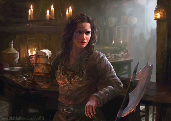 digital art, tattoo, drawing, face paint, beer, mug, looking away, women, brunette, weapon, artwork, ArtStation, tavern, candles, Lily Abdullina