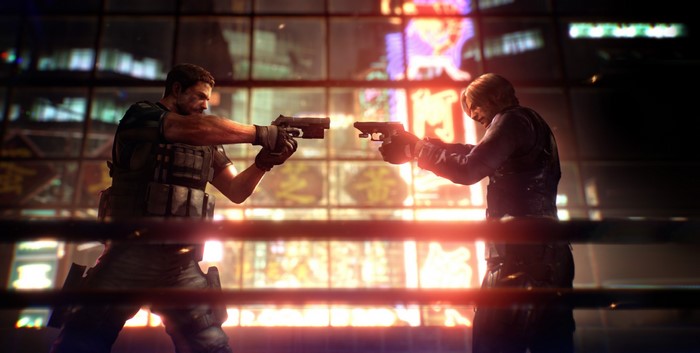 video games, zombies, standing, Video Game Horror, video game characters, pistol, depth of field, Capcom, gun, Leon S. Kennedy, Resident Evil 6, Handgun, Chris Redfield, Resident Evil, screen shot