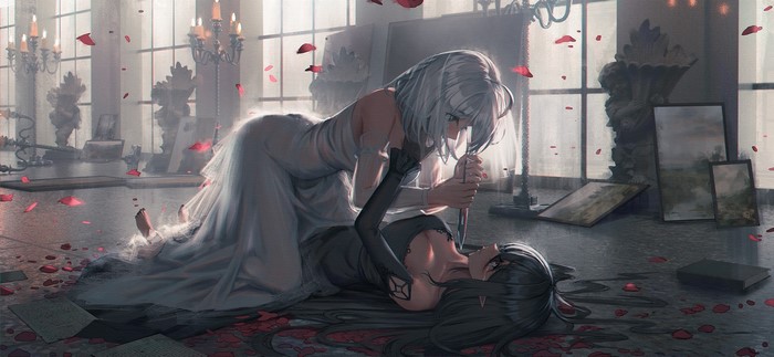 NA404, black hair, yurichtofen, yuri, anime, anime girls, dress, silver hair