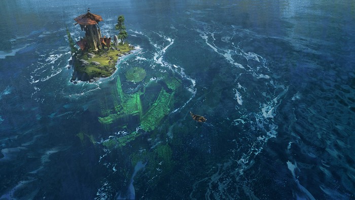 4K, Abandoned city, fantasy art, underwater, island, rowboat, ruins, boat, Grady Frederick, artwork, digital art