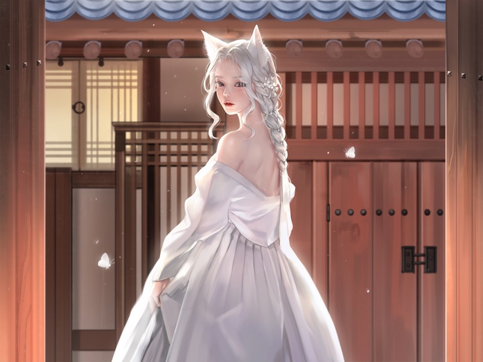 Girl with white hair and animal ears in a white dress