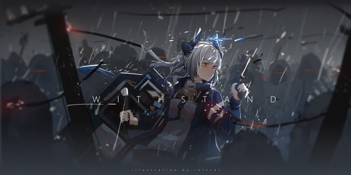 anime girls, video game art, Arknights, orange eyes, gun, gray hair, dragon girl, horns, Loftcat, Liskam (Arknights), shield