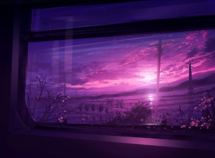 4K, mountains, clouds, HuashiJW, sky, nature, landscape, power lines, JW artist, window, sunset, digital painting